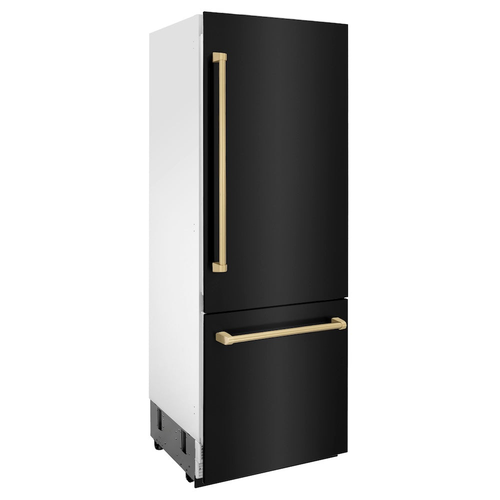 ZLINE Autograph Edition 30 in. 16.1 cu. ft. Built-in 2-Door Bottom Freezer Refrigerator with Internal Water and Ice Dispenser in Black Stainless Steel with Champagne Bronze Accents (RBIVZ-BS-30-CB) side, closed.