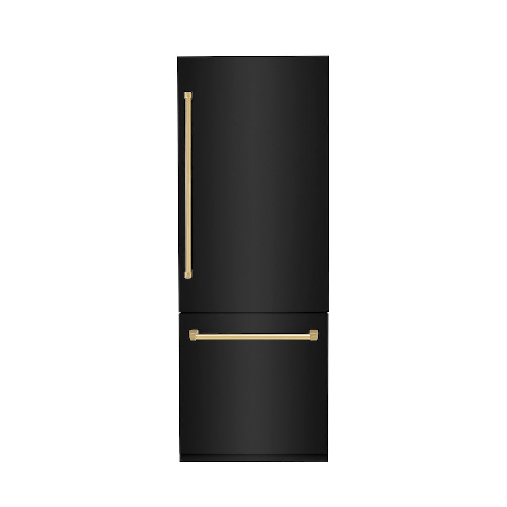 ZLINE Autograph Edition 30 in. 16.1 cu. ft. Built-In Bottom Freezer Refrigerator with Water Dispenser and Ice Maker in Black Stainless Steel with Polished Gold Accents (RBIVZ-BS-30-G) front, closed.