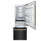 ZLINE Autograph Edition 30 in. 16.1 cu. ft. Built-In Bottom Freezer Refrigerator with Water Dispenser and Ice Maker in Black Stainless Steel with Polished Gold Accents (RBIVZ-BS-30-G) front, refrigeration compartment and bottom freezer open with lights on.
