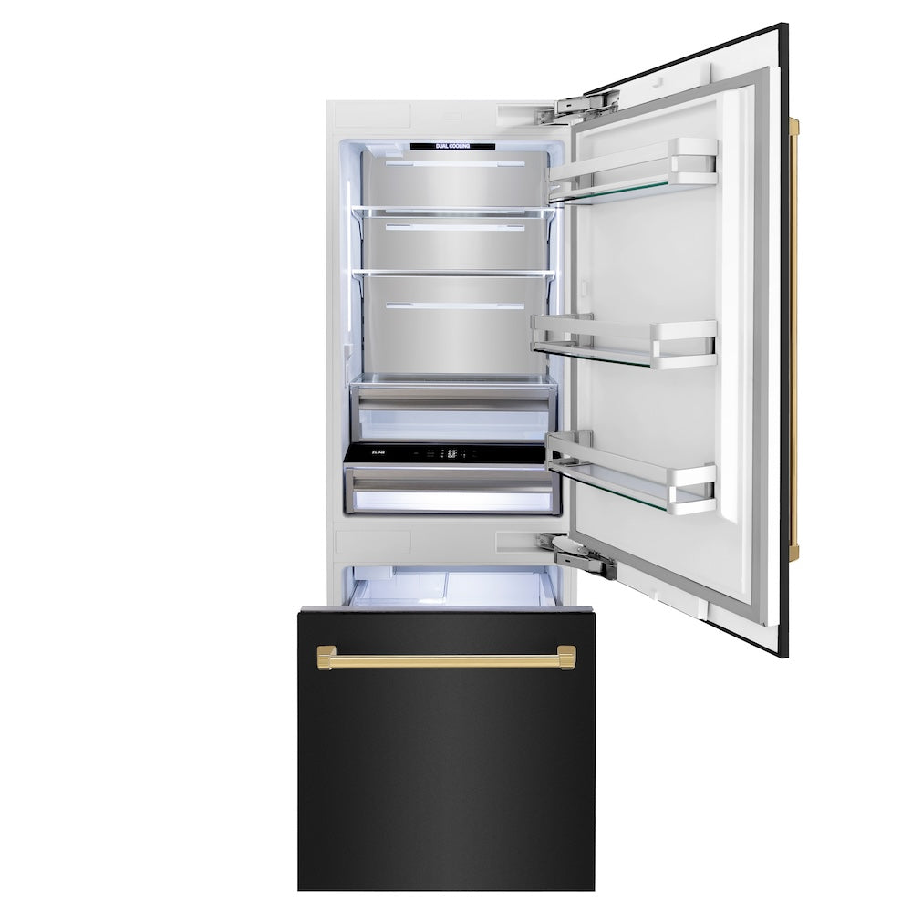 ZLINE Autograph Edition 30 in. 16.1 cu. ft. Built-In Bottom Freezer Refrigerator with Water Dispenser and Ice Maker in Black Stainless Steel with Polished Gold Accents (RBIVZ-BS-30-G) front, refrigeration compartment and bottom freezer open with lights on.