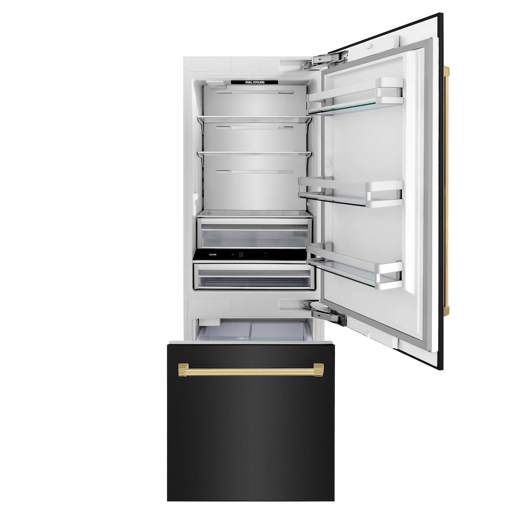ZLINE Autograph Edition 30 in. 16.1 cu. ft. Built-In Bottom Freezer Refrigerator with Water Dispenser and Ice Maker in Black Stainless Steel with Polished Gold Accents (RBIVZ-BS-30-G) front, open, empty.