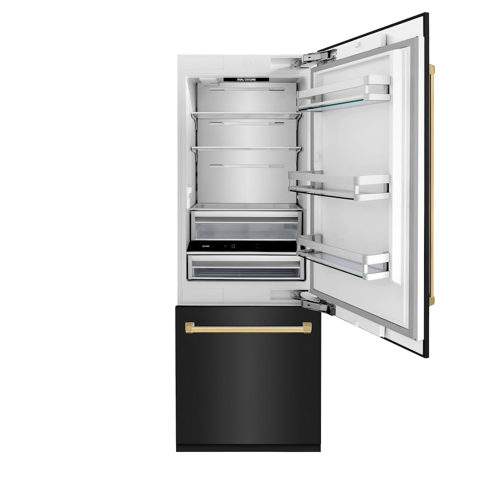 ZLINE Autograph Edition 30 in. 16.1 cu. ft. Built-In Bottom Freezer Refrigerator with Water Dispenser and Ice Maker in Black Stainless Steel with Polished Gold Accents (RBIVZ-BS-30-G) front, open, empty.