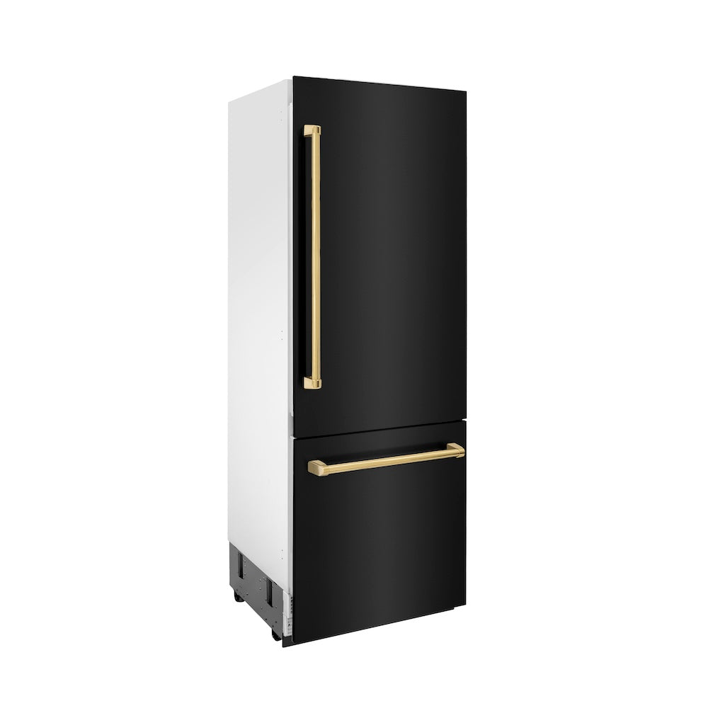 ZLINE Autograph Edition 30 in. 16.1 cu. ft. Built-In Bottom Freezer Refrigerator with Water Dispenser and Ice Maker in Black Stainless Steel with Polished Gold Accents (RBIVZ-BS-30-G) side, closed.