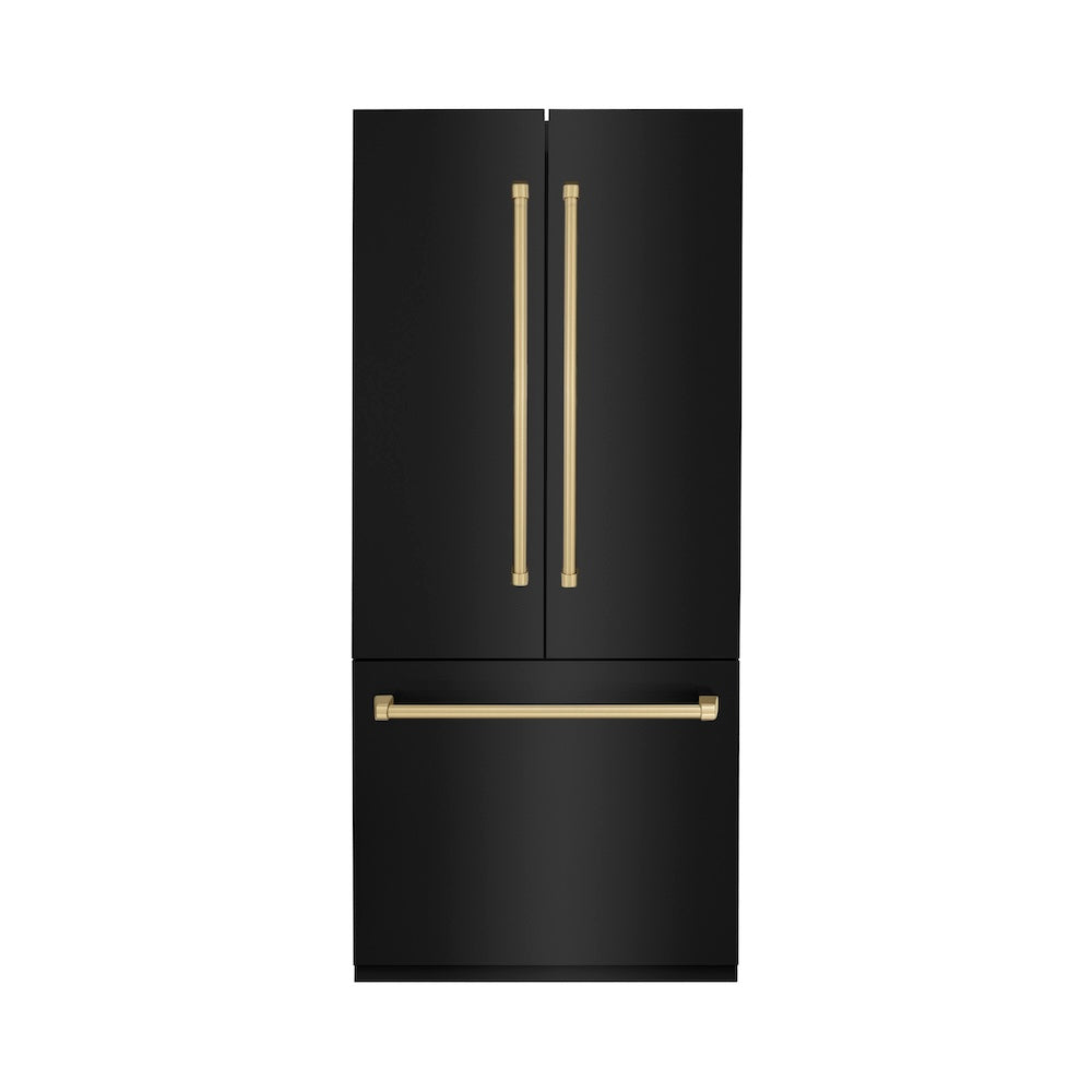 ZLINE Autograph Edition 36 in. 19.6 cu. ft. French Door Built-In Bottom Freezer Refrigerator with Water Dispenser and Ice Maker in Black Stainless Steel with Champagne Bronze Accents (RBIVZ-BS-36-CB) main image.