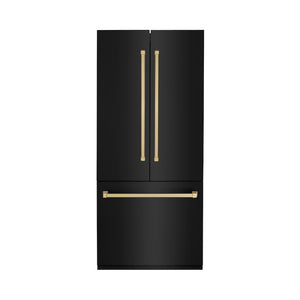 ZLINE Autograph Edition 36 in. 19.6 cu. ft. French Door Built-In Bottom Freezer Refrigerator with Water Dispenser and Ice Maker in Black Stainless Steel with Champagne Bronze Accents (RBIVZ-BS-36-CB) main image.