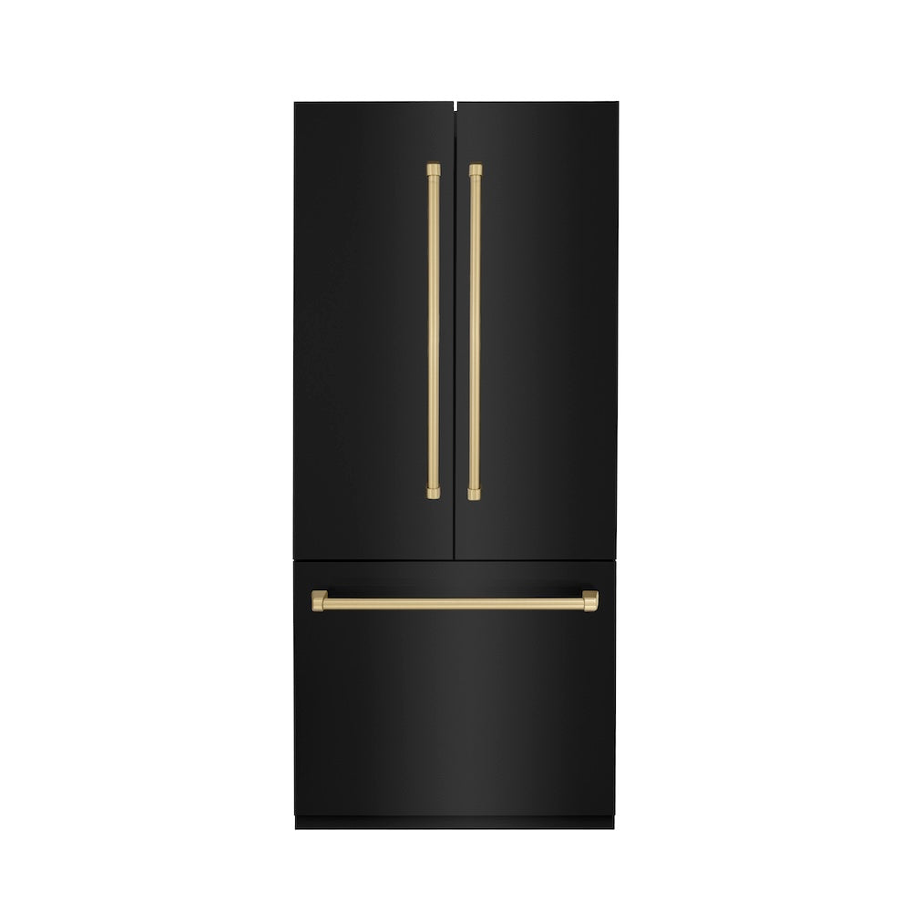 ZLINE Autograph Edition 36 in. 19.6 cu. ft. French Door Built-In Bottom Freezer Refrigerator with Water Dispenser and Ice Maker in Black Stainless Steel with Champagne Bronze Accents (RBIVZ-BS-36-CB) front, closed.