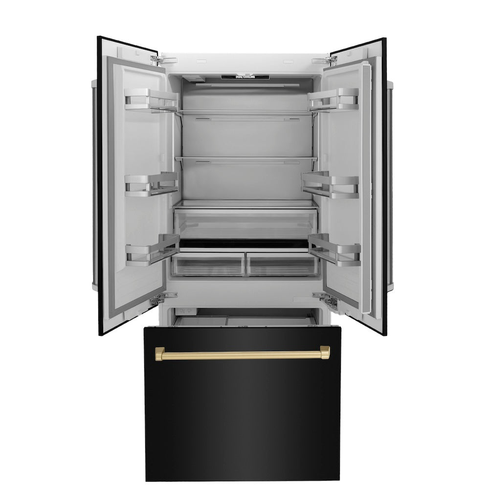 ZLINE Autograph Edition 36 in. 19.6 cu. ft. French Door Built-In Bottom Freezer Refrigerator with Water Dispenser and Ice Maker in Black Stainless Steel with Champagne Bronze Accents (RBIVZ-BS-36-CB) front, open, empty.