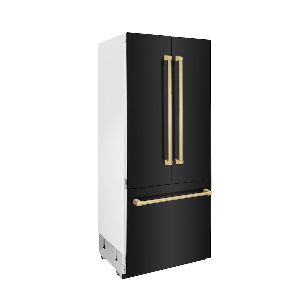 ZLINE Autograph Edition 36 in. 19.6 cu. ft. French Door Built-In Bottom Freezer Refrigerator with Water Dispenser and Ice Maker in Black Stainless Steel with Champagne Bronze Accents (RBIVZ-BS-36-CB) side, closed.