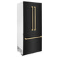 ZLINE Autograph Edition 36 in. 19.6 cu. ft. French Door Built-In Bottom Freezer Refrigerator with Water Dispenser and Ice Maker in Black Stainless Steel with Champagne Bronze Accents (RBIVZ-BS-36-CB) side, closed.