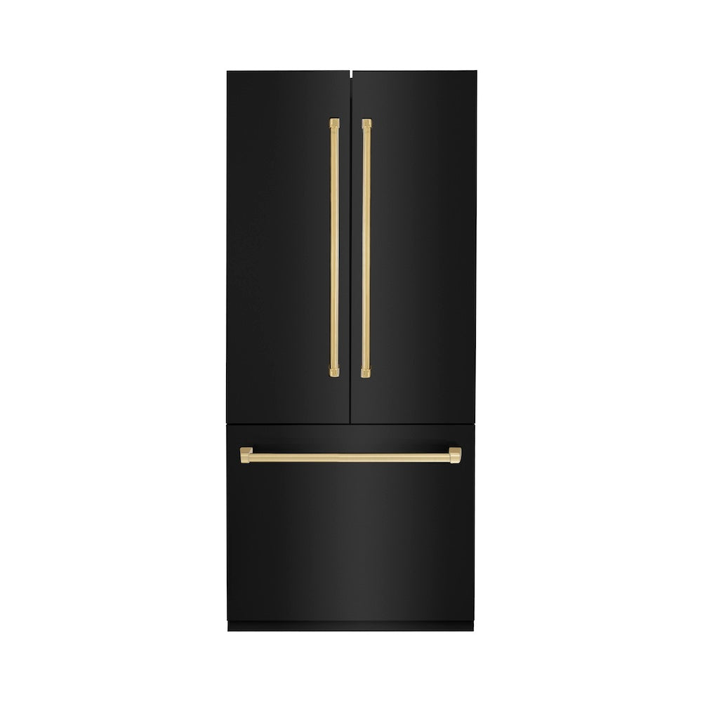 ZLINE Autograph Edition 36 in. 19.6 cu. ft. Built-in 3-DoorFrench Door Refrigerator with Internal Water and Ice Dispenser in Black Stainless Steel with Polished Gold Accents (RBIVZ-BS-36-G)