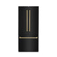 ZLINE Autograph Edition 36 in. 19.6 cu. ft. French Door Built-In Bottom Freezer Refrigerator with Water Dispenser and Ice Maker in Black Stainless Steel with Polished Gold Accents (RBIVZ-BS-36-G) front, closed.