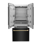 ZLINE Autograph Edition 36 in. 19.6 cu. ft. French Door Built-In Bottom Freezer Refrigerator with Water Dispenser and Ice Maker in Black Stainless Steel with Polished Gold Accents (RBIVZ-BS-36-G) front, open, empty.