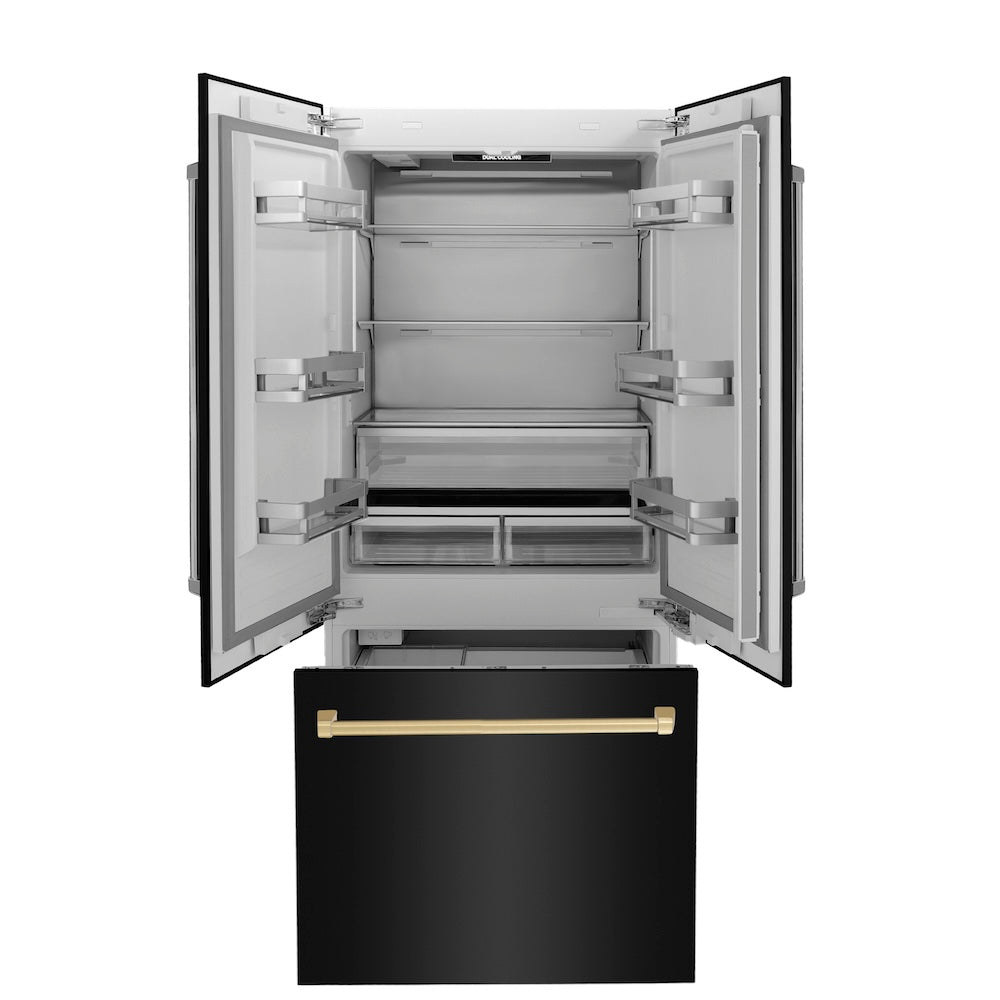 ZLINE Autograph Edition 36 in. 19.6 cu. ft. French Door Built-In Bottom Freezer Refrigerator with Water Dispenser and Ice Maker in Black Stainless Steel with Polished Gold Accents (RBIVZ-BS-36-G) front, open, empty.