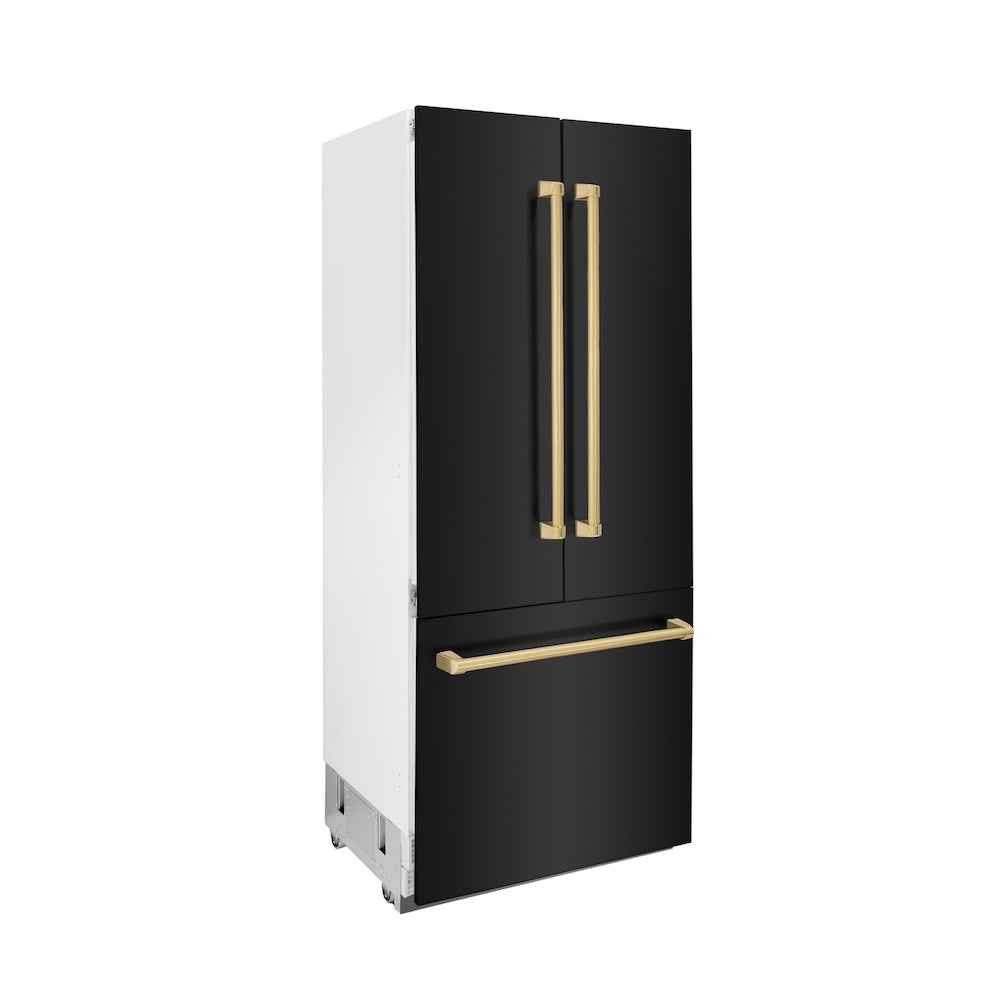 ZLINE Autograph Edition 36 in. 19.6 cu. ft. French Door Built-In Bottom Freezer Refrigerator with Water Dispenser and Ice Maker in Black Stainless Steel with Polished Gold Accents (RBIVZ-BS-36-G) side, closed.