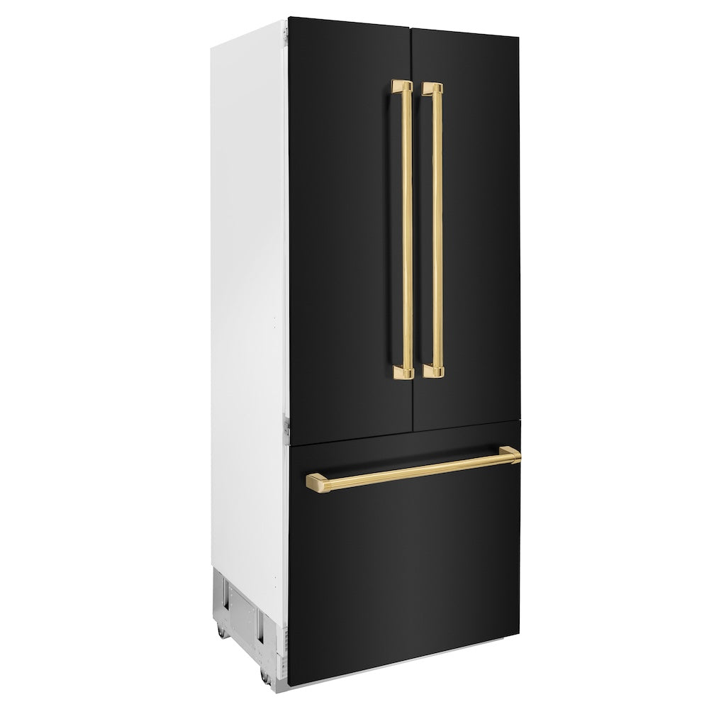 ZLINE Autograph Edition 36 in. 19.6 cu. ft. French Door Built-In Bottom Freezer Refrigerator with Water Dispenser and Ice Maker in Black Stainless Steel with Polished Gold Accents (RBIVZ-BS-36-G) side, closed.