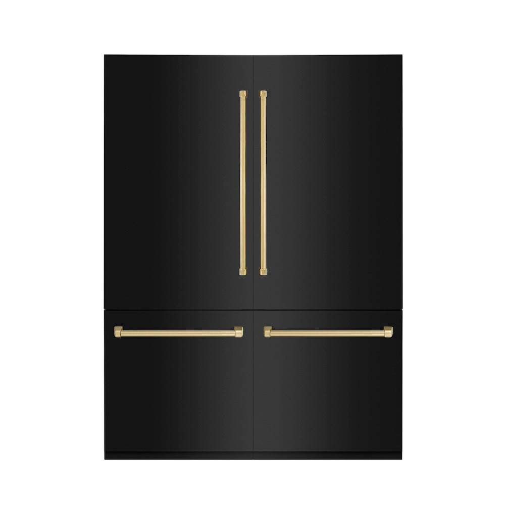 ZLINE Autograph Edition 60 in. 32.2 cu. ft. French Door Built-In Bottom Freezer Refrigerator with Water Dispenser and Ice Maker in Black Stainless Steel with Polished Gold Accents (RBIVZ-BS-60-G) main image.