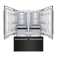 ZLINE Autograph Edition 60 in. 32.2 cu. ft. French Door Built-In Bottom Freezer Refrigerator with Water Dispenser and Ice Maker in Black Stainless Steel with Polished Gold Accents (RBIVZ-BS-60-G) front, refrigeration compartment and bottom freezer open with lights on.