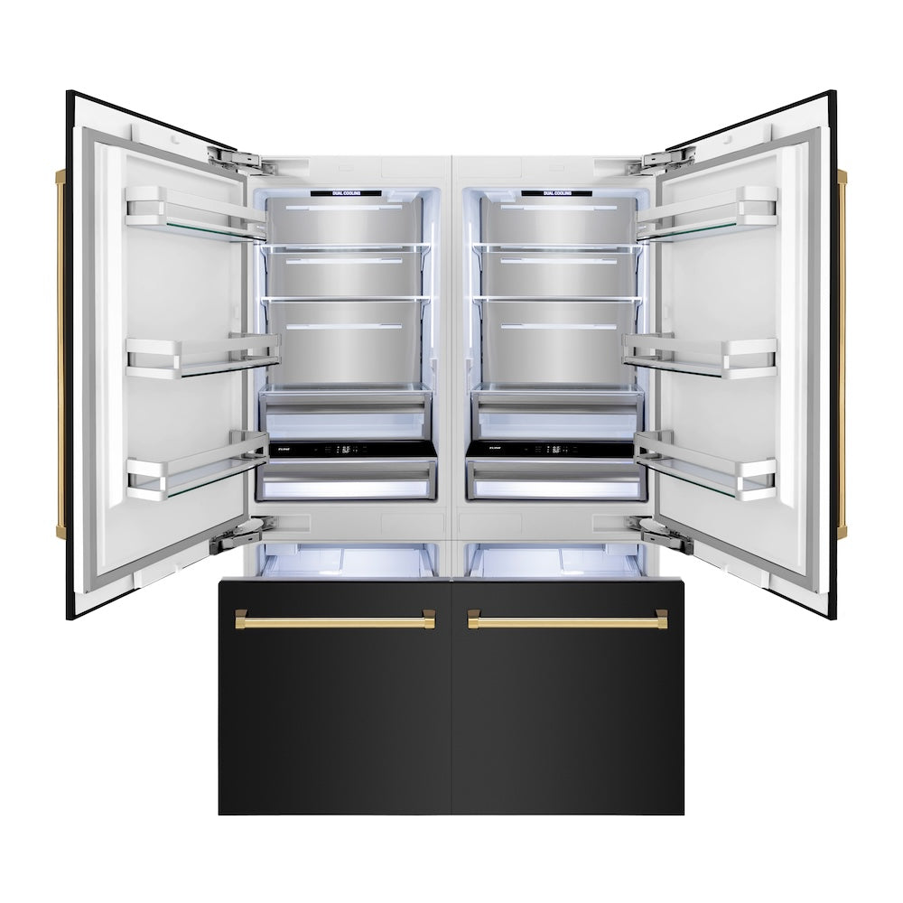 ZLINE Autograph Edition 60 in. 32.2 cu. ft. French Door Built-In Bottom Freezer Refrigerator with Water Dispenser and Ice Maker in Black Stainless Steel with Polished Gold Accents (RBIVZ-BS-60-G) front, refrigeration compartment and bottom freezer open with lights on.