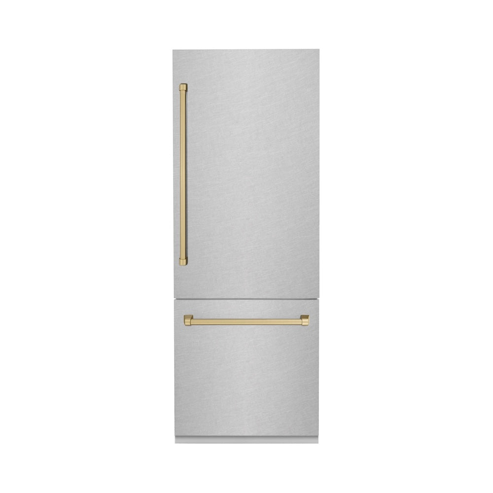 ZLINE 30 in. Autograph Edition 16.1 cu. ft. Built-in 2-Door Bottom Freezer Refrigerator with Internal Water and Ice Dispenser in Fingerprint Resistant Stainless Steel with Champagne Bronze Accents (RBIVZ-SN-30-CB) front, closed.