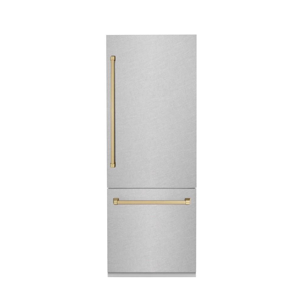 ZLINE 30 in. Autograph Edition 16.1 cu. ft. Built-in 2-Door Bottom Freezer Refrigerator with Internal Water and Ice Dispenser in Fingerprint Resistant Stainless Steel with Champagne Bronze Accents (RBIVZ-SN-30-CB) front, closed.