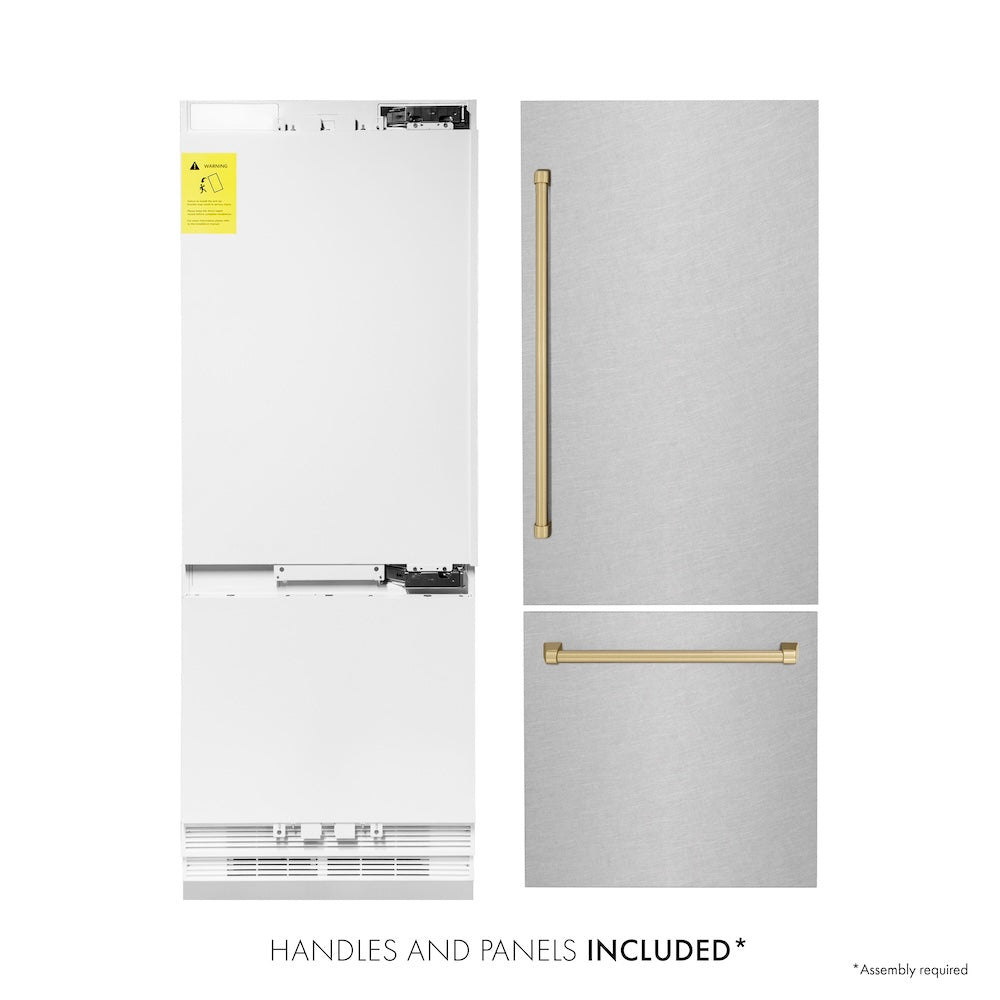 ZLINE 30 in. Autograph Edition 16.1 cu. ft. Built-in 2-Door Bottom Freezer Refrigerator with Internal Water and Ice Dispenser in Fingerprint Resistant Stainless Steel with Champagne Bronze Accents (RBIVZ-SN-30-CB) front, refrigeration unit next to panels. Text: Handles and Panels Included.