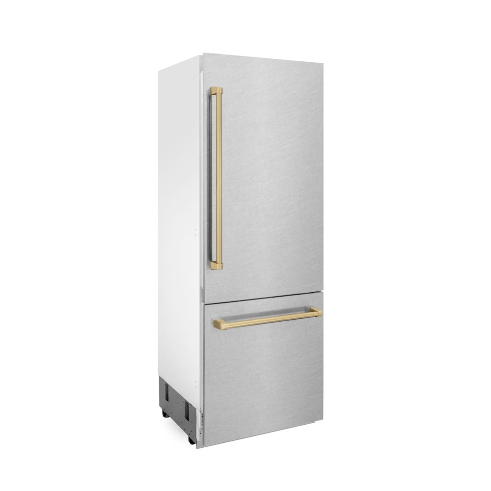 ZLINE Autograph Edition 30 in. 16.1 cu. ft. Built-In Bottom Freezer Refrigerator with Water Dispenser and Ice Maker in DuraSnow® Stainless Steel with Champagne Bronze Accents (RBIVZ-SN-30-CB)