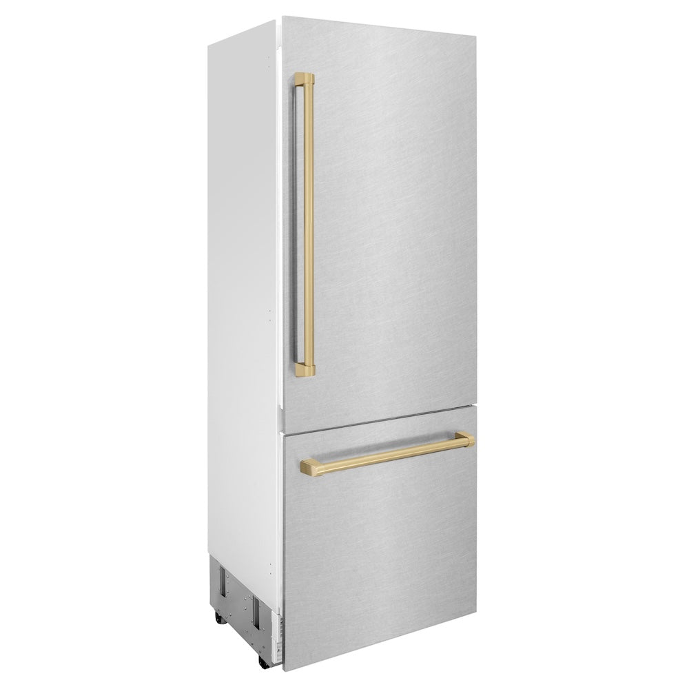 ZLINE 30 in. Autograph Edition 16.1 cu. ft. Built-in 2-Door Bottom Freezer Refrigerator with Internal Water and Ice Dispenser in Fingerprint Resistant Stainless Steel with Champagne Bronze Accents (RBIVZ-SN-30-CB) side, closed.