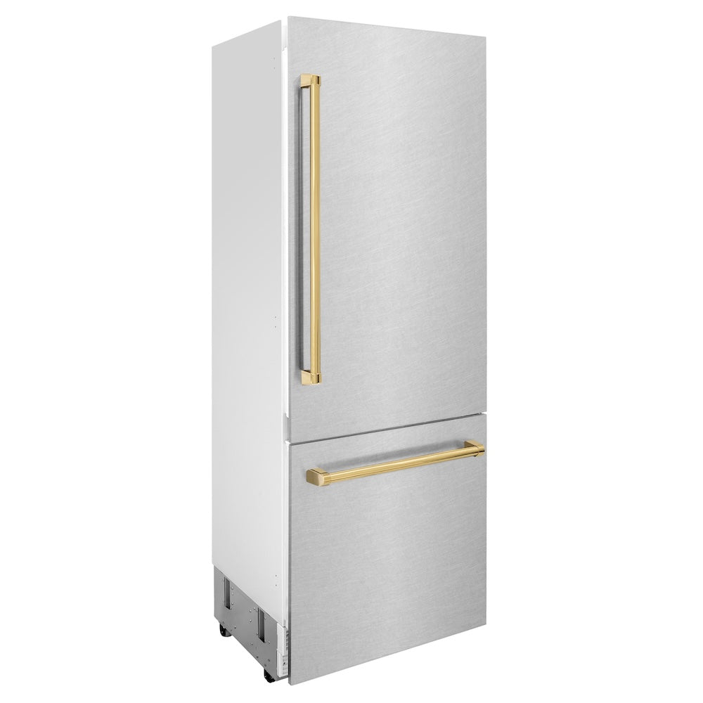 ZLINE Autograph Edition 30 in. 16.1 cu. ft. Built-in 2-Door Bottom Freezer Refrigerator with Internal Water and Ice Dispenser in Fingerprint Resistant Stainless Steel with Polished Gold Accents (RBIVZ-SN-30-G) side, closed.