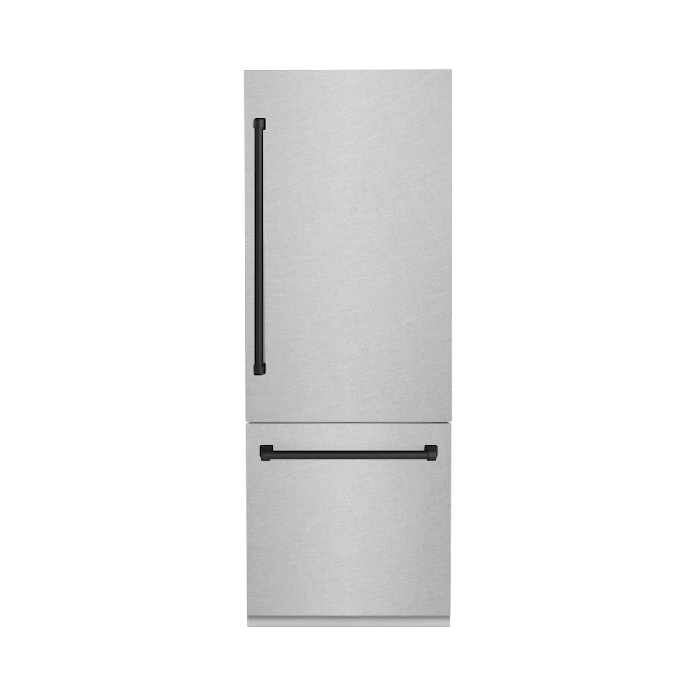 ZLINE 30 in. Autograph Edition 16.1 cu. ft. Built-in 2-Door Bottom Freezer Refrigerator with Internal Water and Ice Dispenser in Fingerprint Resistant Stainless Steel with Matte Black Accents (RBIVZ-SN-30-MB) front, closed.