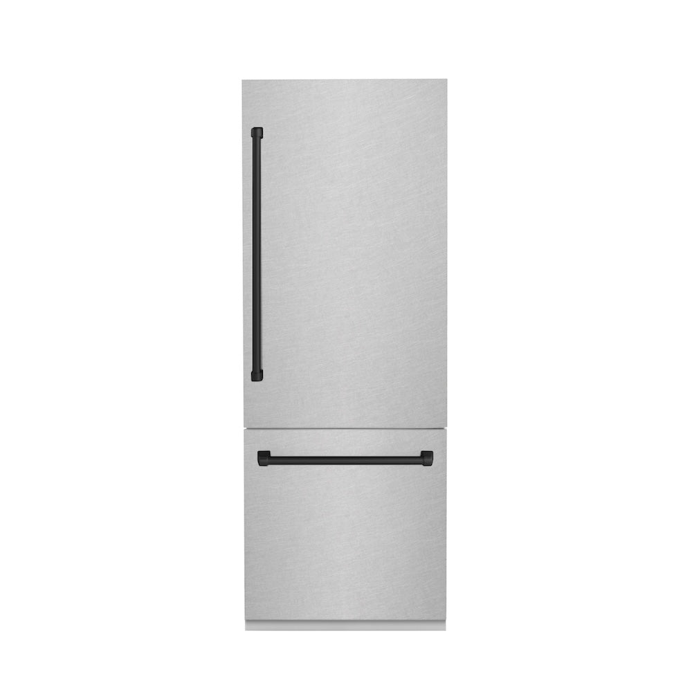 ZLINE Autograph Edition 30 in. 16.1 cu. ft. Built-In Bottom Freezer Refrigerator with Water Dispenser and Ice Maker in Satin Stainless Steel with Matte Black Accents (RBIVZ-SN-30-MB) front, closed.