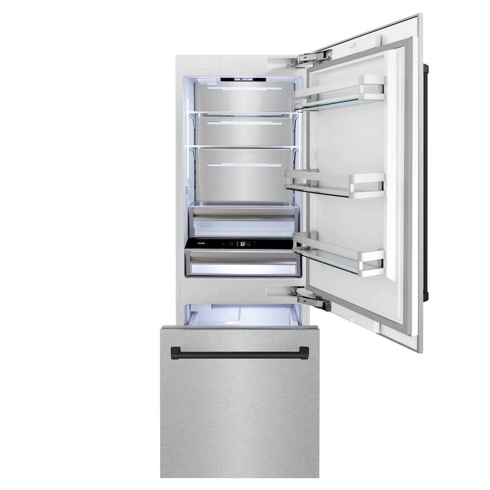 ZLINE Autograph Edition 30 in. 16.1 cu. ft. Built-In Bottom Freezer Refrigerator with Water Dispenser and Ice Maker in Satin Stainless Steel with Matte Black Accents (RBIVZ-SN-30-MB) front, refrigeration compartment and bottom freezer open with lights on.