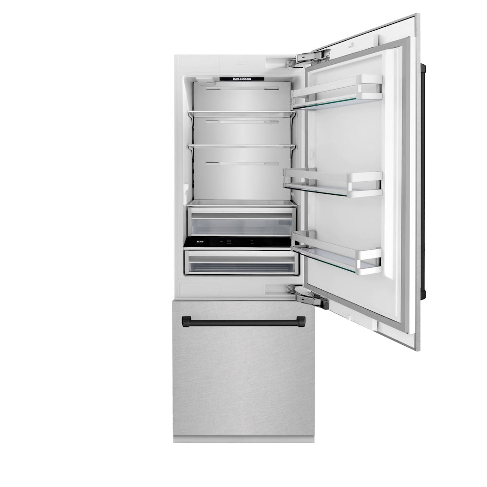ZLINE Autograph Edition 30 in. 16.1 cu. ft. Built-In Bottom Freezer Refrigerator with Water Dispenser and Ice Maker in Satin Stainless Steel with Matte Black Accents (RBIVZ-SN-30-MB) front, open, empty.