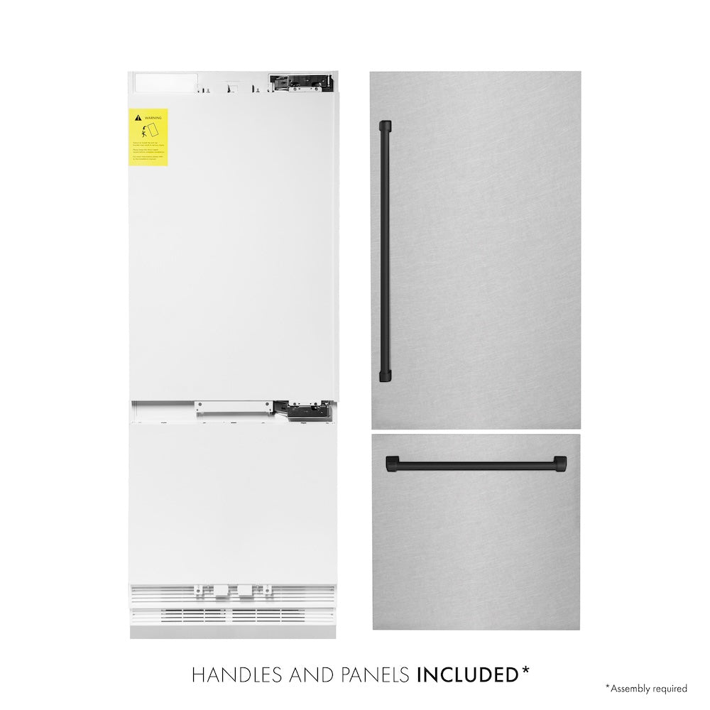 ZLINE Autograph Edition 30 in. 16.1 cu. ft. Built-In Bottom Freezer Refrigerator with Water Dispenser and Ice Maker in Satin Stainless Steel with Matte Black Accents (RBIVZ-SN-30-MB) front, refrigeration unit next to panels and handles. Text: Handles and panels included.