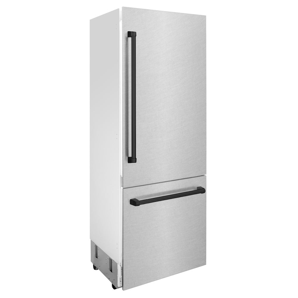 ZLINE 30 in. Autograph Edition 16.1 cu. ft. Built-in 2-Door Bottom Freezer Refrigerator with Internal Water and Ice Dispenser in Fingerprint Resistant Stainless Steel with Matte Black Accents (RBIVZ-SN-30-MB) side, closed.