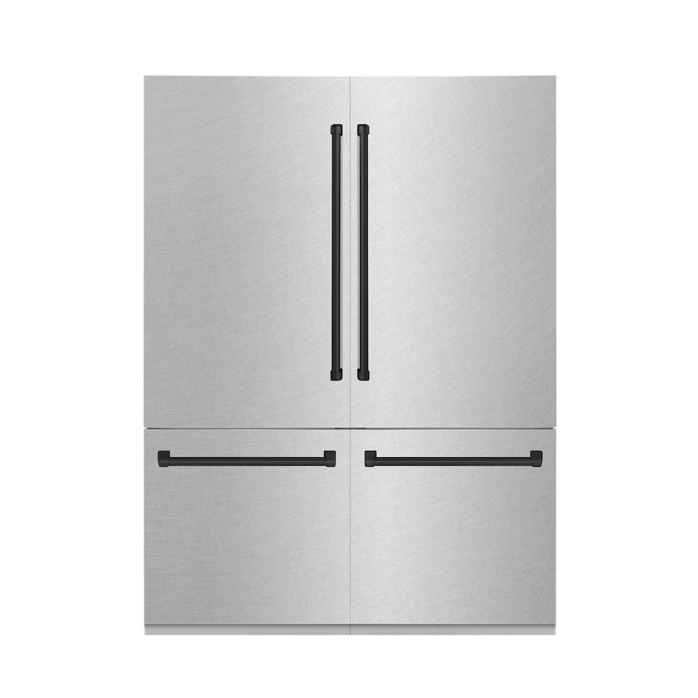 ZLINE Autograph Edition 60 in. 32.2 cu. ft. Built-in 4-Door French Door Refrigerator with Internal Water and Ice Dispenser in Fingerprint Resistant Stainless Steel with Matte Black Accents (RBIVZ-SN-60-MB) front, closed.