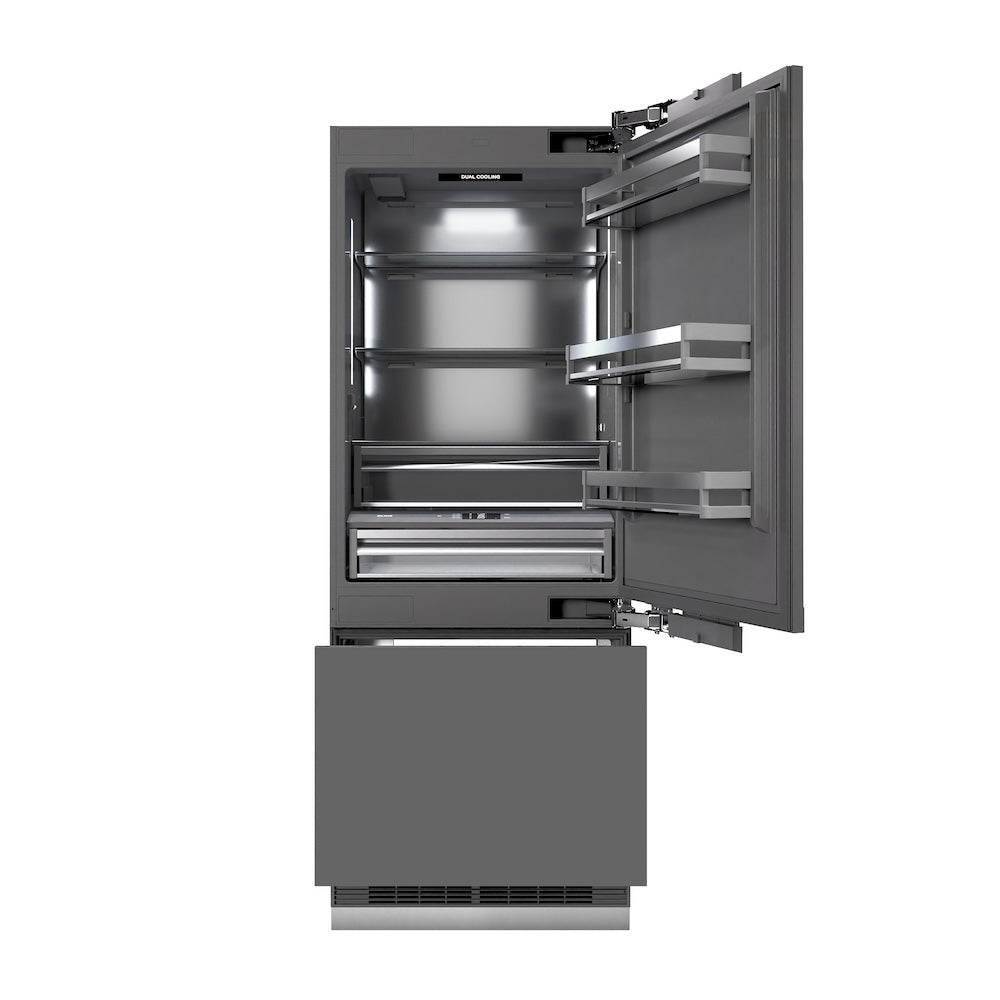 ZLINE Autograph Edition 30 in. 16.1 cu. ft. Panel Ready Built-In Bottom Freezer Refrigerator with Water Dispenser and Ice Maker with Graphite Gray Interior and Champagne Bronze Accents (GRBIVZ-30-CB) front, no panels, refrigeration compartment and bottom freezer open.