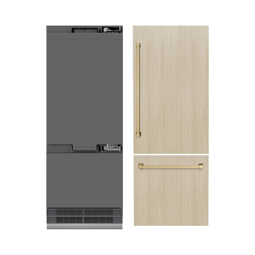 ZLINE Autograph Edition 30 in. 16.1 cu. ft. Panel Ready Built-In Bottom Freezer Refrigerator with Water Dispenser and Ice Maker with Graphite Gray Interior and Champagne Bronze Accents (GRBIVZ-30-CB) front, next to custom panels and handles.