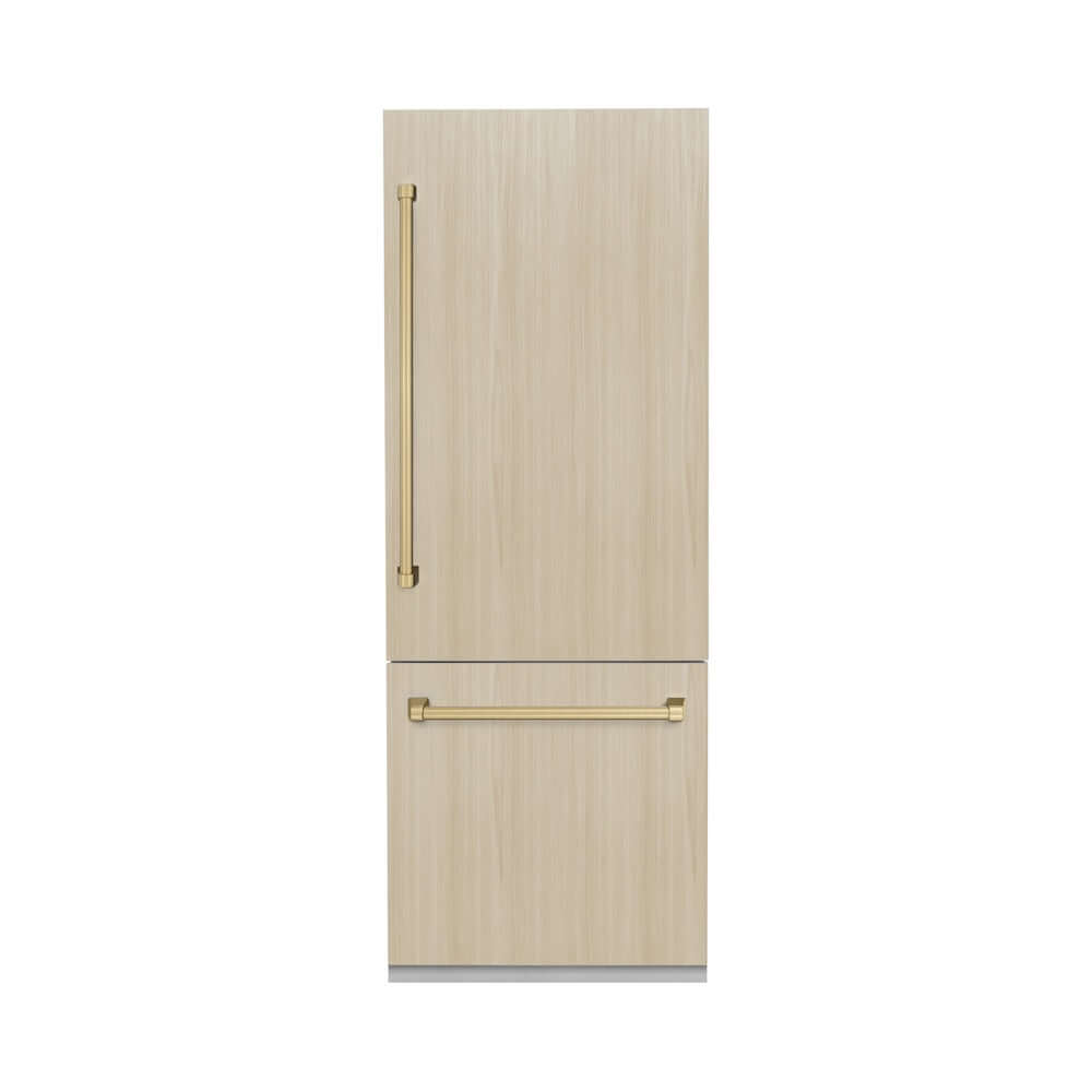 ZLINE Autograph Edition 30 in. 16.1 cu. ft. Panel Ready Built-In Bottom Freezer Refrigerator with Water Dispenser and Ice Maker with Graphite Gray Interior and Champagne Bronze Accents (GRBIVZ-30-CB) front, with custom panels, closed.