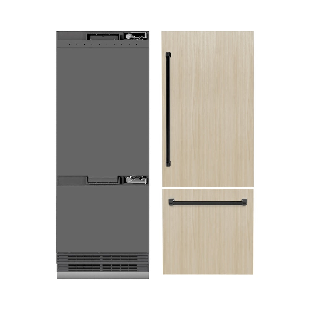 ZLINE Autograph Edition 30 in. 16.1 cu. ft. Panel Ready Built-In Bottom Freezer Refrigerator with Water Dispenser and Ice Maker with Graphite Gray Interior and Matte Black Accents (GRBIVZ-30-MB) front, next to custom panels and handles.