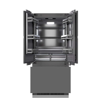 ZLINE Autograph Edition 36 in. 19.6 cu. ft. Panel Ready French Door Built-In Bottom Freezer Refrigerator with Water Dispenser and Ice Maker with Graphite Gray Interior and Champagne Bronze Accents (GRBIVZ-36-CB) front, no panels, refrigeration compartment and bottom freezer open.