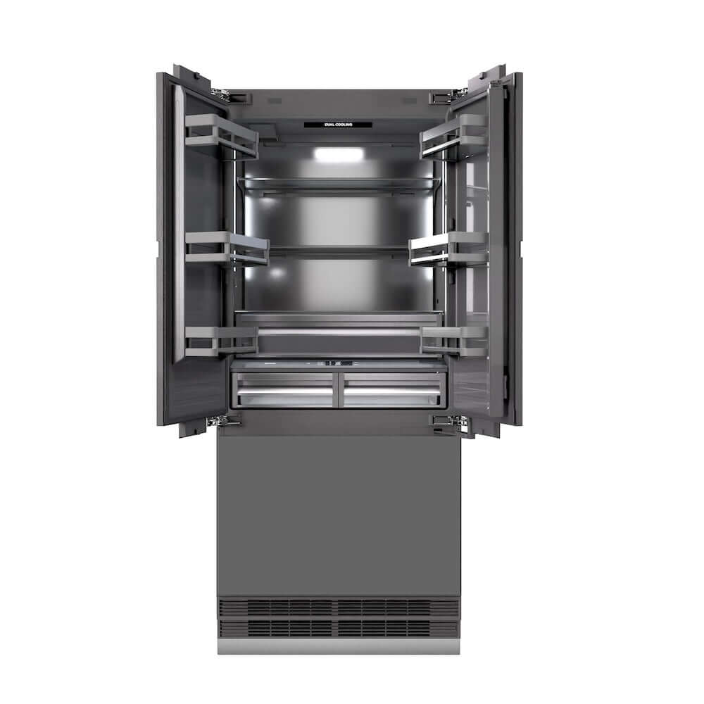 ZLINE Autograph Edition 36 in. 19.6 cu. ft. Panel Ready French Door Built-In Bottom Freezer Refrigerator with Water Dispenser and Ice Maker with Graphite Gray Interior and Champagne Bronze Accents (GRBIVZ-36-CB) front, no panels, open.
