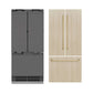 ZLINE Autograph Edition 36 in. 19.6 cu. ft. Panel Ready French Door Built-In Bottom Freezer Refrigerator with Water Dispenser and Ice Maker with Graphite Gray Interior and Champagne Bronze Accents (GRBIVZ-36-CB) front, next to custom panels and handles.