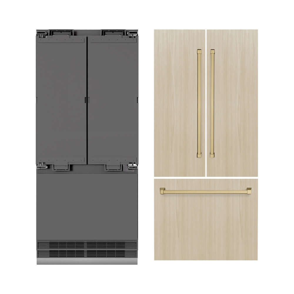 ZLINE Autograph Edition 36 in. 19.6 cu. ft. Panel Ready French Door Built-In Bottom Freezer Refrigerator with Water Dispenser and Ice Maker with Graphite Gray Interior and Champagne Bronze Accents (GRBIVZ-36-CB) front, next to custom panels and handles.
