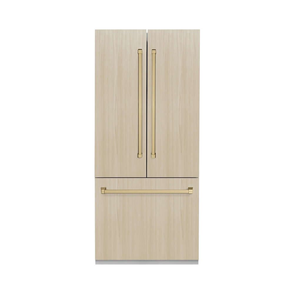 ZLINE Autograph Edition 36 in. 19.6 cu. ft. Panel Ready French Door Built-In Bottom Freezer Refrigerator with Water Dispenser and Ice Maker with Graphite Gray Interior and Champagne Bronze Accents (GRBIVZ-36-CB) front, with custom panels, closed.