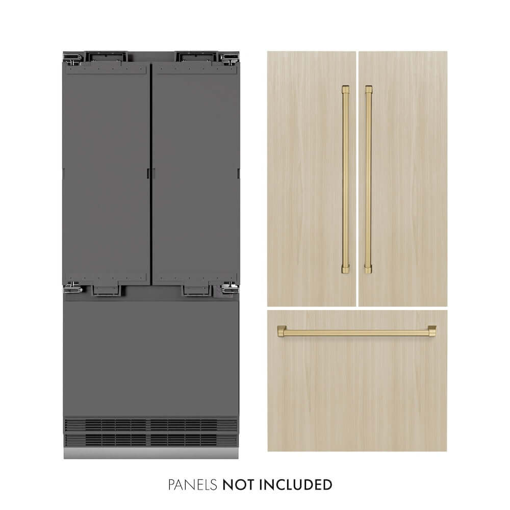 ZLINE Autograph Edition 36 in. 19.6 cu. ft. Panel Ready French Door Built-In Bottom Freezer Refrigerator with Water Dispenser and Ice Maker with Graphite Gray Interior and Champagne Bronze Accents (GRBIVZ-36-CB)