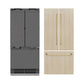 ZLINE Autograph Edition 36 in. 19.6 cu. ft. Panel Ready French Door Built-In Bottom Freezer Refrigerator with Water Dispenser and Ice Maker with Graphite Gray Interior and Polished Gold Accents (GRBIVZ-36-G) front, next to custom panels and handles.