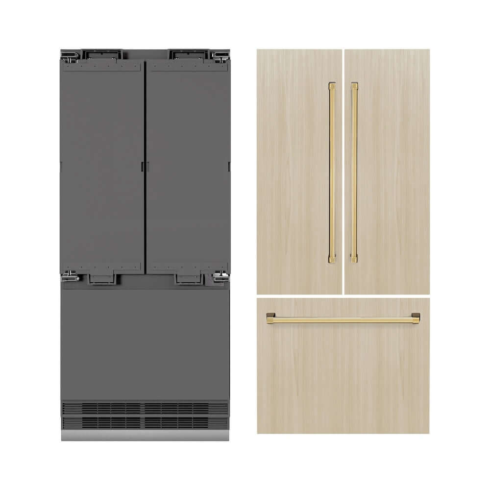 ZLINE Autograph Edition 36 in. 19.6 cu. ft. Panel Ready French Door Built-In Bottom Freezer Refrigerator with Water Dispenser and Ice Maker with Graphite Gray Interior and Polished Gold Accents (GRBIVZ-36-G) front, next to custom panels and handles.