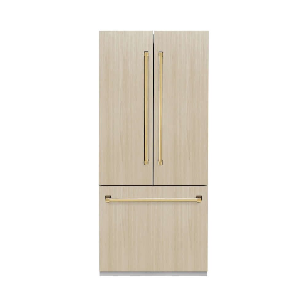 ZLINE Autograph Edition 36 in. 19.6 cu. ft. Panel Ready French Door Built-In Bottom Freezer Refrigerator with Water Dispenser and Ice Maker with Graphite Gray Interior and Polished Gold Accents (GRBIVZ-36-G) front, with custom panels, closed.