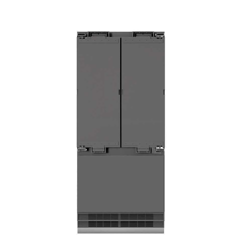 ZLINE Autograph Edition 36 in. 19.6 cu. ft. Panel Ready French Door Built-In Bottom Freezer Refrigerator with Water Dispenser and Ice Maker with Graphite Gray Interior and Matte Black Accents (GRBIVZ-36-MB) front, no panels, closed.