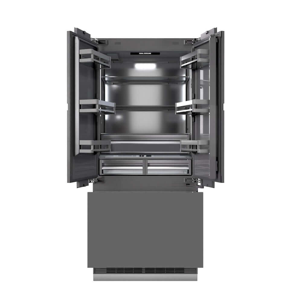 ZLINE Autograph Edition 36 in. 19.6 cu. ft. Panel Ready French Door Built-In Bottom Freezer Refrigerator with Water Dispenser and Ice Maker with Graphite Gray Interior and Matte Black Accents (GRBIVZ-36-MB) main image.